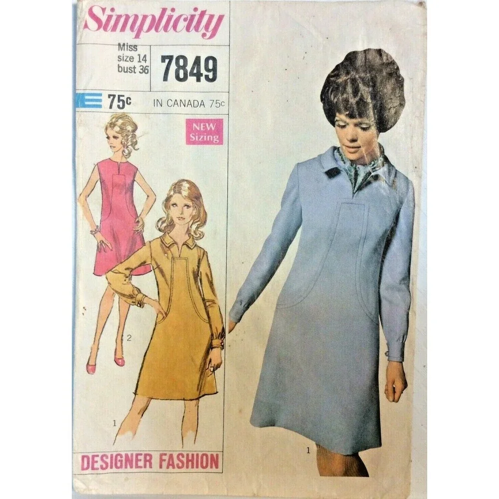 Vintage 1968 Simplicity Sewing Pattern Misses A-Line Dress Size 12 #7849